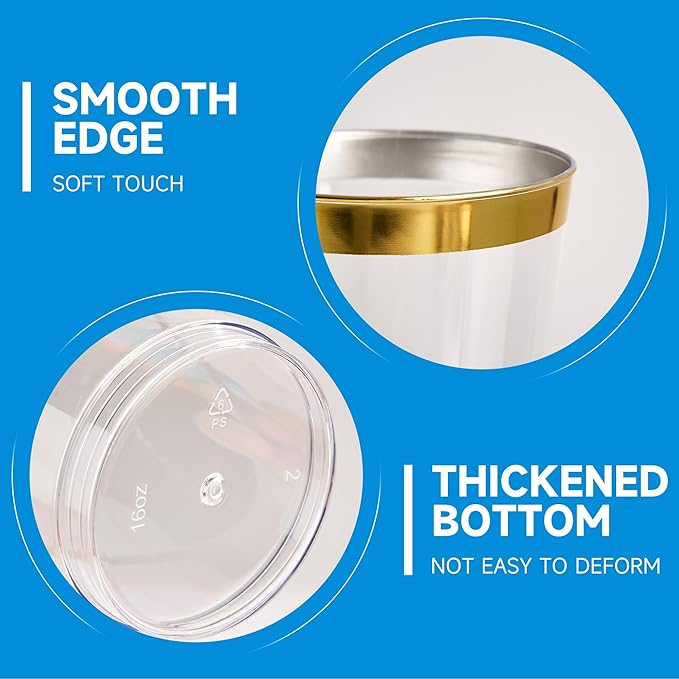 RACETOP 16 oz 100 Pack Disposable Plastic Cups with Gold Rim, Disposable Gold Rim Plastic Cups for Parties, Weddings, Gatherings, and Festival Events