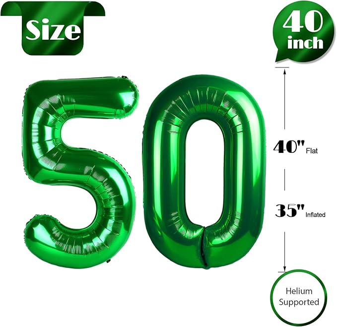 50 Balloon Number, Green Number 50th Birthday Balloons 40 Inch, 50 Years Old Green Birthday Decorations for Men Women, 50th Anniversary Decorations