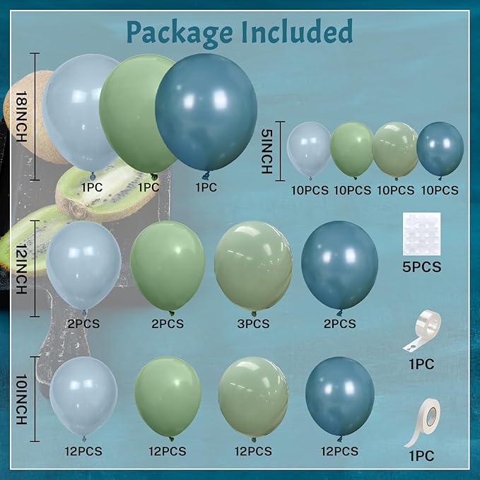 Blue and Green Balloon Arch Kit 107Pcs Dusty Blue Sage Green Balloons Garland Retro Slate Haze Fog Pale Gray Birthday Party Balloons for Boys Rustic Navy Woodland Jungle Baby Shower Decorations