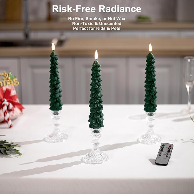 4 PCS Flameless Christmas Tree Candles with Remote Timer, Real Wax Flameless Taper Candles 9.65 Inch, LED Candlesticks with 3D Flickering Flame, Christmas Decor Candles Battery Operated