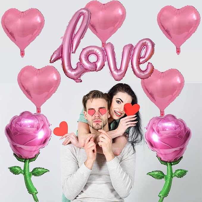 Pink Love Balloons Pink Heart Balloons and Pink Rose Balloons Valentine Balloons Valentine Party Balloons for Valentine Day Decoration Anniversary Party Decorations Theme Supplies Balloo