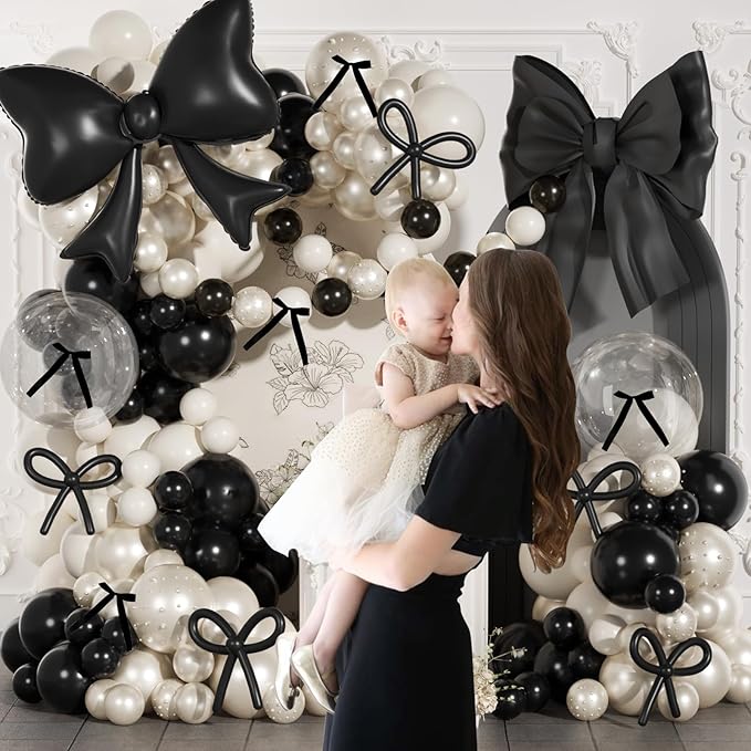 Black Bow Birthday Decorations,187Pcs Black and White Balloon Arch Kit with Clear Bow Foil Double Stuffed Pearl Balloons Ribbon Bow Pearl Stickers for Bow Coquette Birthday Bachelor Bridal Baby Shower