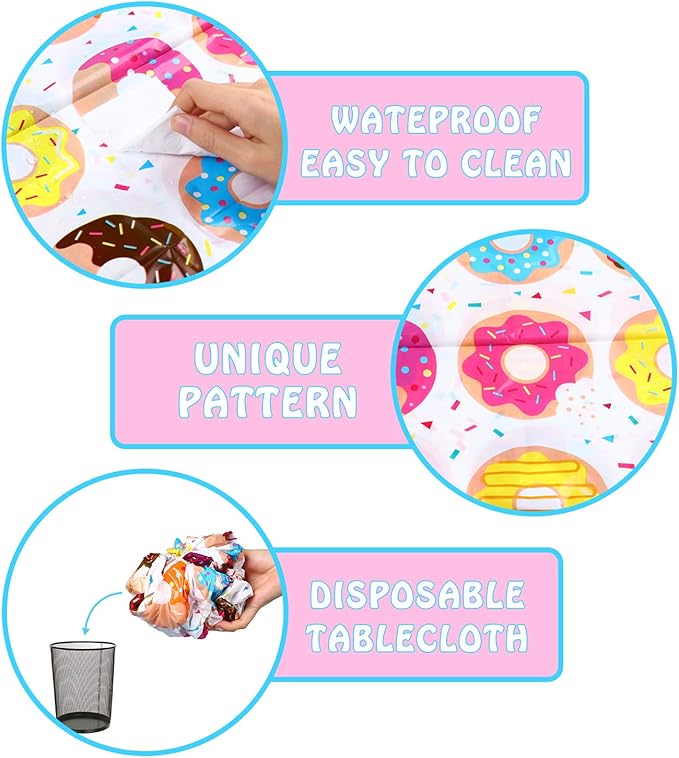 BeYumi 4Pack Donut Party Tablecloth, Rectangular Table Cover for Dining Room Kitchen Decor, Disposable Plastic Picnic TableCover for Kids Birthday, Donut Theme Party Decoration Supplies, 42.5’’ x 71’’
