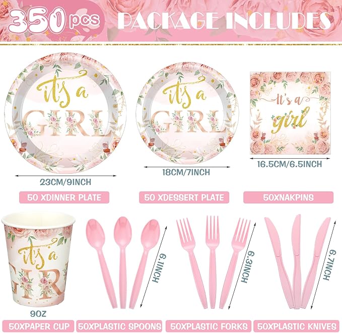 Dandat 350 Pcs Baby Shower Plates Set Baby Shower Party Supplies Serves 50 Tableware Sets Include Plates Napkin Cup Forks Knives Spoons Disposable Dinnerware(Floral,Pink)