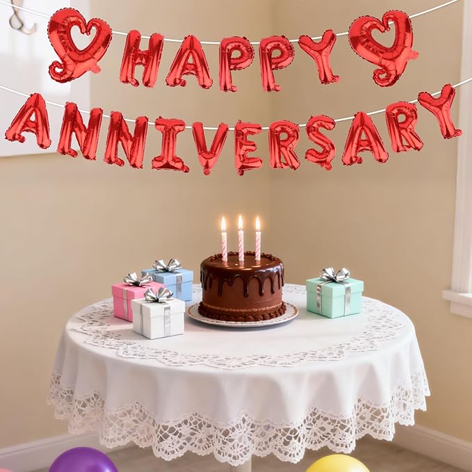 Happy Anniversary Balloon Banner, Red Foil Letter Balloons Sign with Heart Romantic Hanging Decoration for Women Men Couples Lovers Partners Wedding Ceremony Anniversary Party Supplies Gift