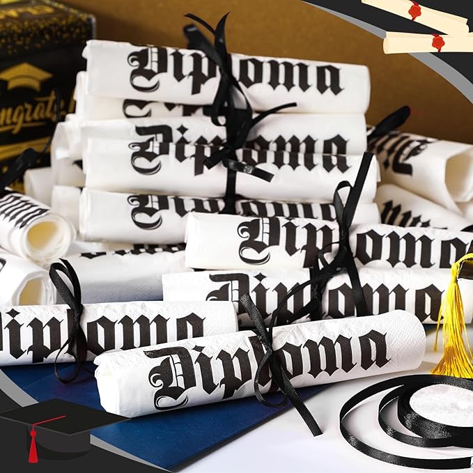 100 Set Graduation Diploma Guest Napkins Red Black and White Rolled Silverware Disposable Grad Award Dinner Napkin with Ribbon and Scissors for Celebration(diploma, Black, 100 Pcs)