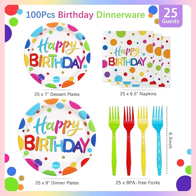 Multicolor Birthday Decorations Plates Set for 25 Guests, 100 Pieces Birthday Paper Plates Napkins Forks with Colorful Dots Design Tableware for Kids Boys Girls