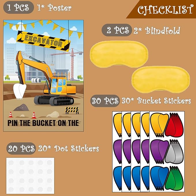 Pin The Bucket on The Excavator Party Games -Construction Themed Birthday Games for Kids Boys with 21'' x 28'' Truck Game Poster, Resuable Stickers Construction Party Supplies Party Favor Sets