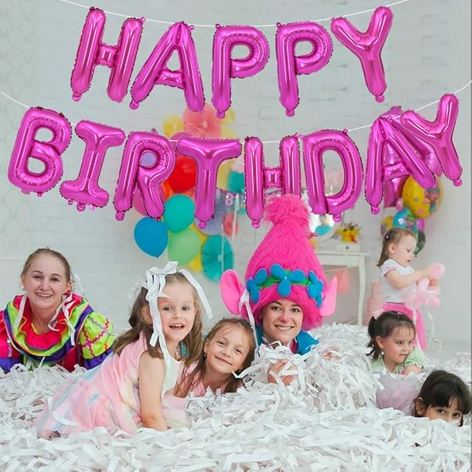 TONIFUL Hot Pink Happy Birthday Balloons Banner, 16 Inch Mylar Foil Letters Birthday Sign Bunting Reusable for Girls Boys Kids & Adults Birthday Decorations and Party Supplies