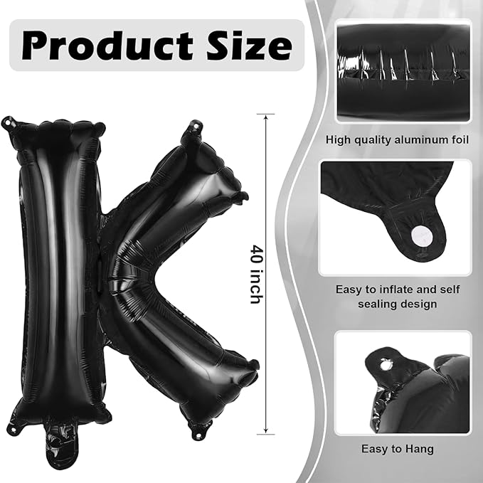 Black Letter K Balloons, 40 Inch Large Foil Letter Balloons, Custom Phrase Balloon for Birthday Party Wedding Anniversary Decoration (Black K)