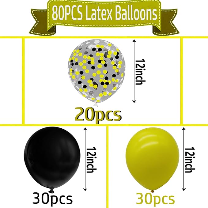 Yellow Black Balloons with Confetti Balloons 12 inch Latex Balloons 80 Pcs for Wedding Birthday Baby Shower Party Decorations