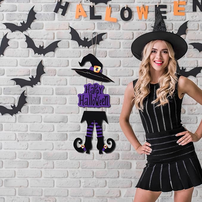 Yerliker Halloween Happy Sign Decoration Witch Legs Hat Hanging Wooden Wall Decor Version Rustic Front Door Hanger Fall Art Ornament for Home Room Indoor Outdoor Holiday Party(Purple)