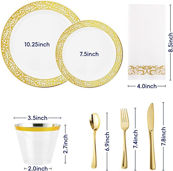 210 Count Gold Plastic Dinnerware, Gold Disposable Plates, Includes: 30 Dinner & 30 Dessert Plates & 30 Cups & 30 Paper Napkins & 30 Plastic Silverware Set -for Thanksgiving, Christmas, Parties