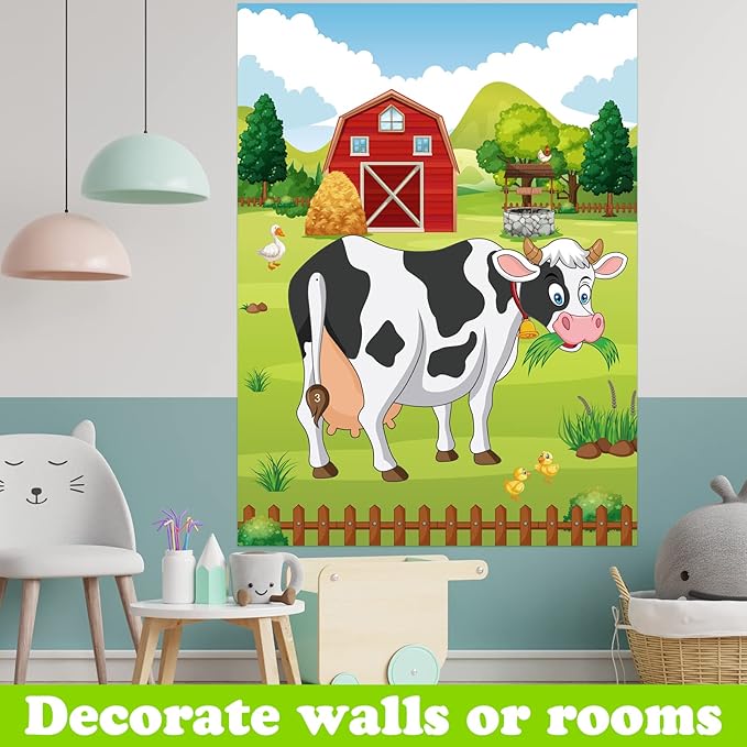 PLULON Pin The Tail on The Cow Party Game for Kids, Cow Farm Themed Animal Birthday Games Poster with Tail Stickers for Kids Farm Animal Donkey Party Favors Home Wall Decorations