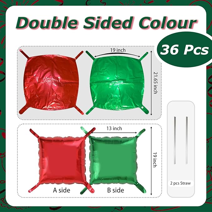 36PCS Square Foil Balloon Wall Backdrop,19 inch Double-Sided Metallic Balloons for Party,Wedding,Anniversary,Birthday,Graduation,Halloween,Shiny Balloon Decor (Red&Green)