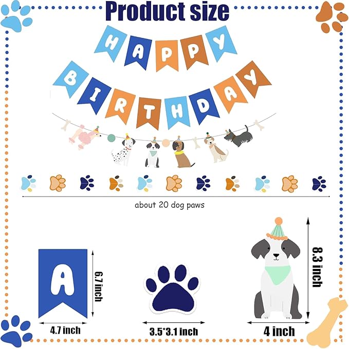 Orange Blue Dog Paw Happy Birthday Dog Themed Banner for Party Decorations for Boys Girls DIY Party Supplies (Orange Blue Banner)