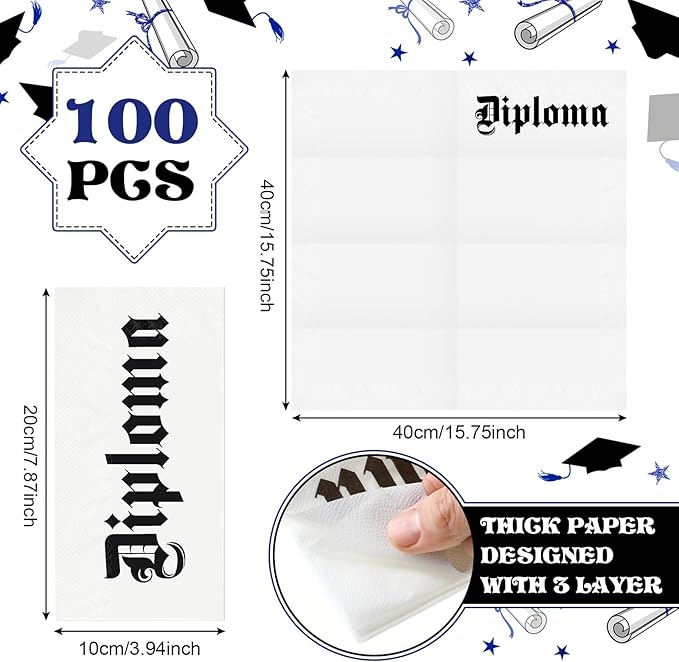 100 Set Graduation Diploma Guest Napkins Red Black and White Rolled Silverware Disposable Grad Award Dinner Napkin with Ribbon and Scissors for Celebration (diploma, Blue, 100 Pcs)