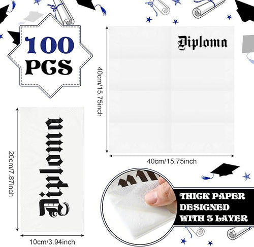 100 Set Graduation Diploma Guest Napkins Red Black and White Rolled Silverware Disposable Grad Award Dinner Napkin with Ribbon and Scissors for Celebration (diploma, Blue, 100 Pcs)