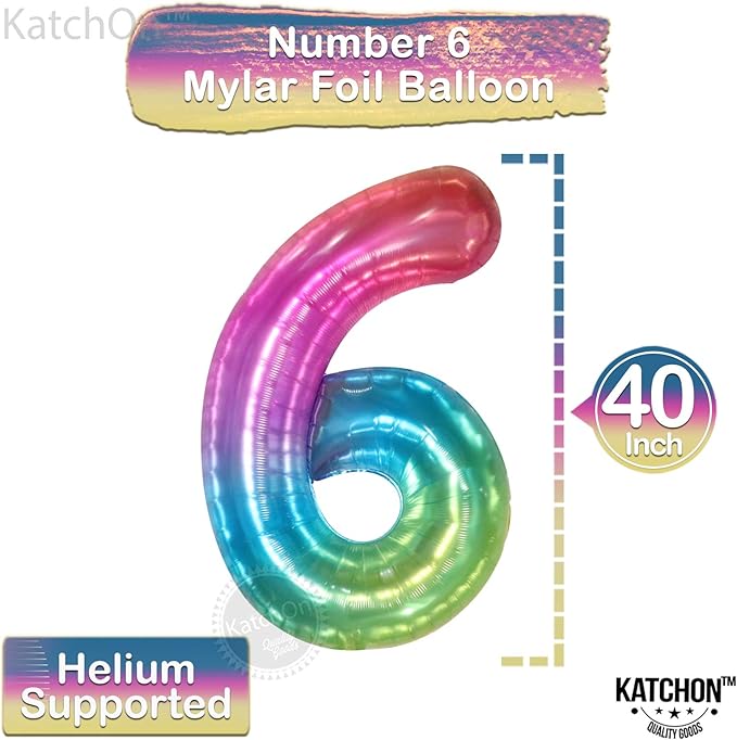 KatchOn, Giant Jelly Number 6 Balloon - 40 Inch | 6 Balloon Number, 6 Balloons for Birthday Girl | Rainbow 6 Balloon, 6 Year Old Balloon | Number Balloons for Happy Anniversary Decorations