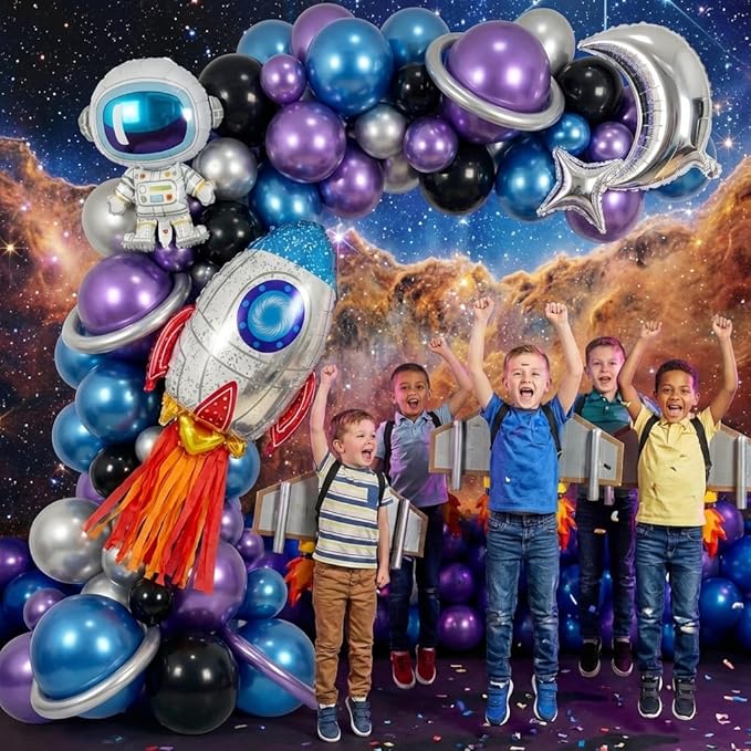 137Pcs Space Balloon Arch Garland Kit with Metallic Blue Purple Silver Black Rocket Astronaut Moon Star Balloons for Nasa Party Decor, Outer Space Party Supplies, Galaxy Theme Birthday