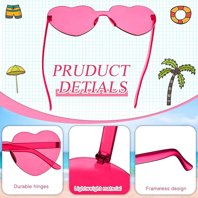TOODOO 4 Pack Heart Shaped Sunglasses Rimless Candy Color Eyewear Galentine Valentines Accessories