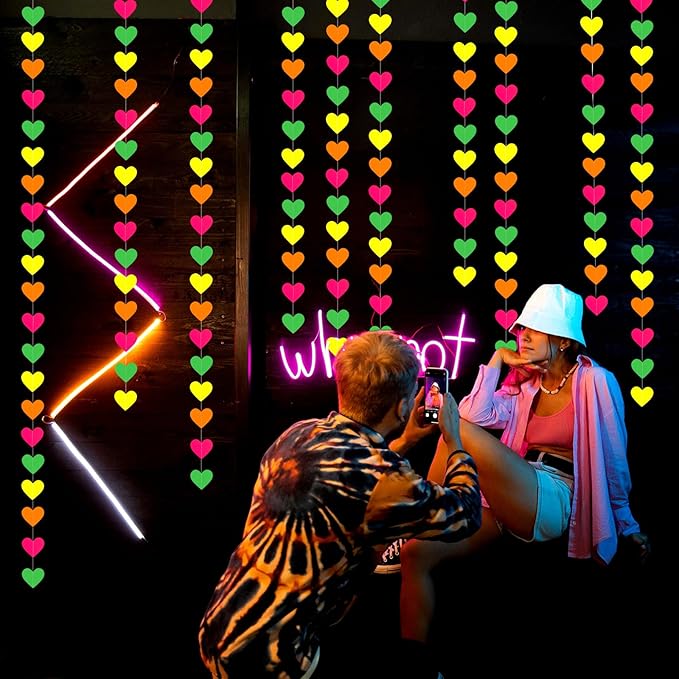 UV Neon Party Decorations Valentines-Day Heart-Garland - 52ft Glow in The Dark 80s Hanging Streamers Banner,Girl Romantic Galentines Wedding Anniversary Baby Bridal Shower Engagement Decor Panduola