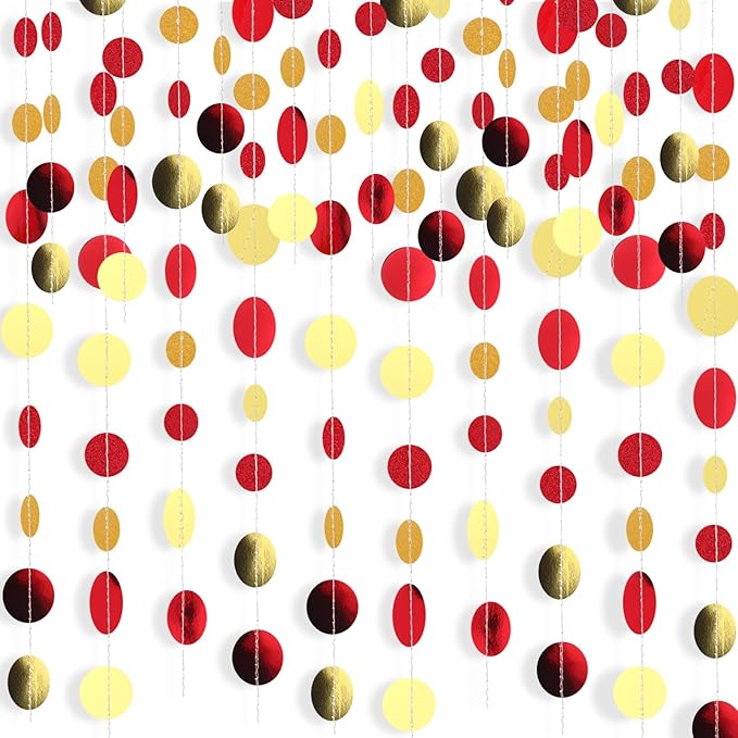 Syhood 10 Pcs Party Decorations Paper Dot Circle Garlands Glitter Streamers Hanging Banner Decor for New Year Baby Shower Wedding Birthday Backdrop Supplies (Red and Gold)