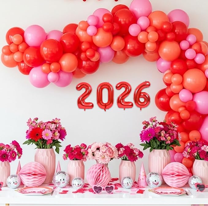 TONIFUL 2026 Red Foil Number Balloons 16 Inch Red Number Banner 2026 Graduation Aluminum Foil Mylar Balloons for New Year Eve Christmas Anniversary Party Supplies