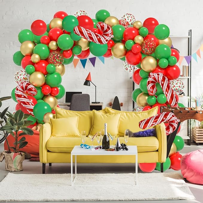 Christmas Balloons Garland Arch Kit, 116 Pcs Gold Red Green Confetti Balloons with Candy Cane Foil Balloon for Christmas Party Decorations Birthday Xmas Party Supplies