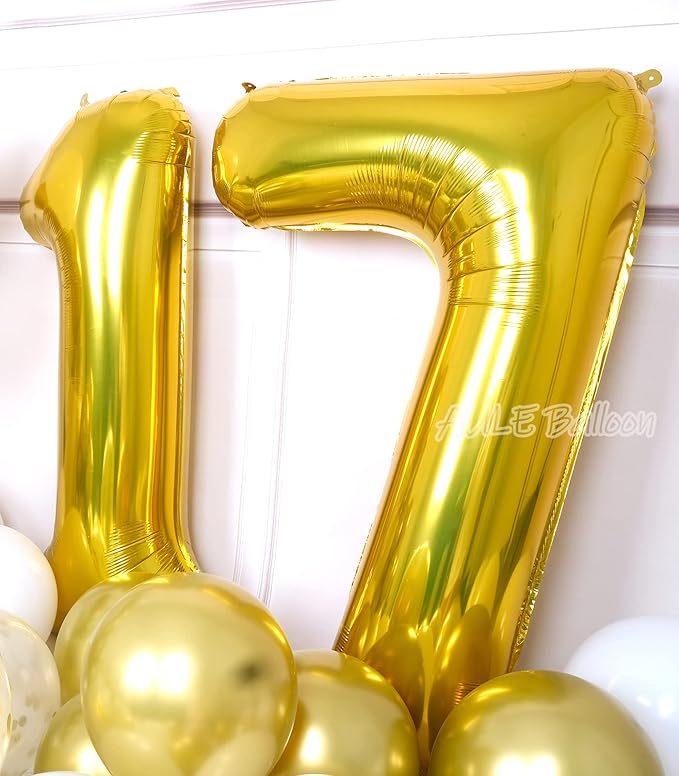 AULE 40 Inch Large 17 Number Balloons Gold, Big Foil Number Balloons, Giant Helium Happy 17th Birthday Party Decorations for Boy and Girl, Huge Mylar 71 Anniversary Party Supplies
