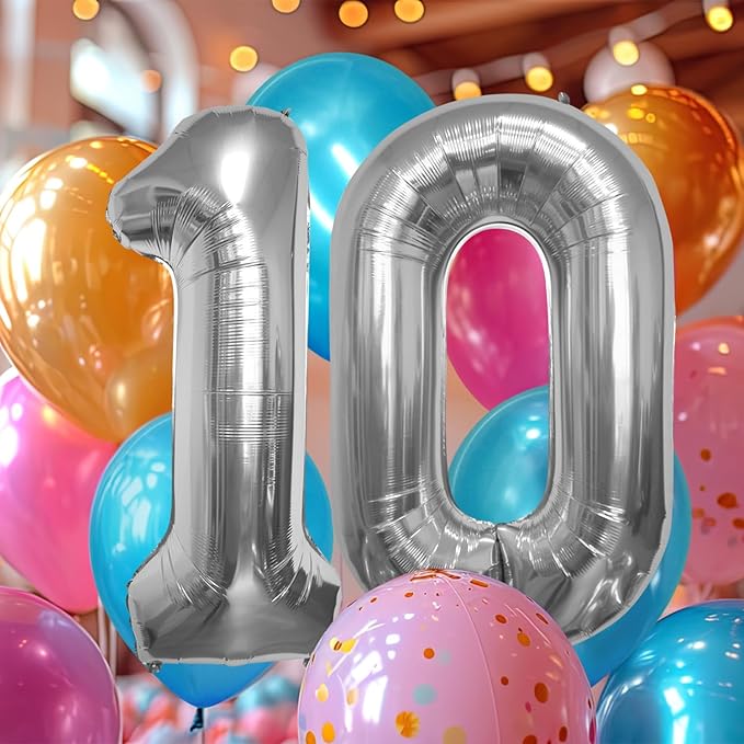40 Inch Large Number Celebration and Decoration Balloon for Birthday Parties, Graduations, Anniversaries, Weddings, Photo Shoots, Special Events - Helium Foil Mylar (Silver Number 10)