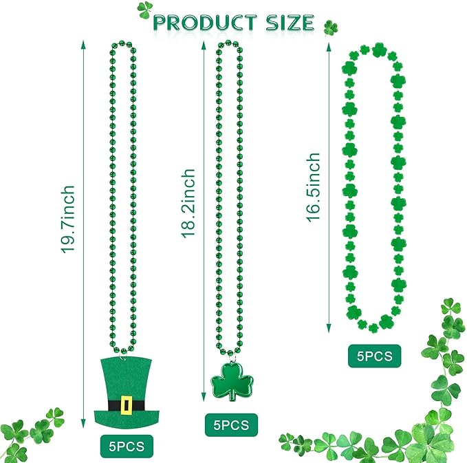 HOOSUN 15 Pack St Patricks Day Beads Necklaces Bulk,St Patricks Day Decorations Accessories for Party Favors,St Patrick's Day Necklaces Party Supplies,Saint Patricks Day Green Beads Shamrock Necklace