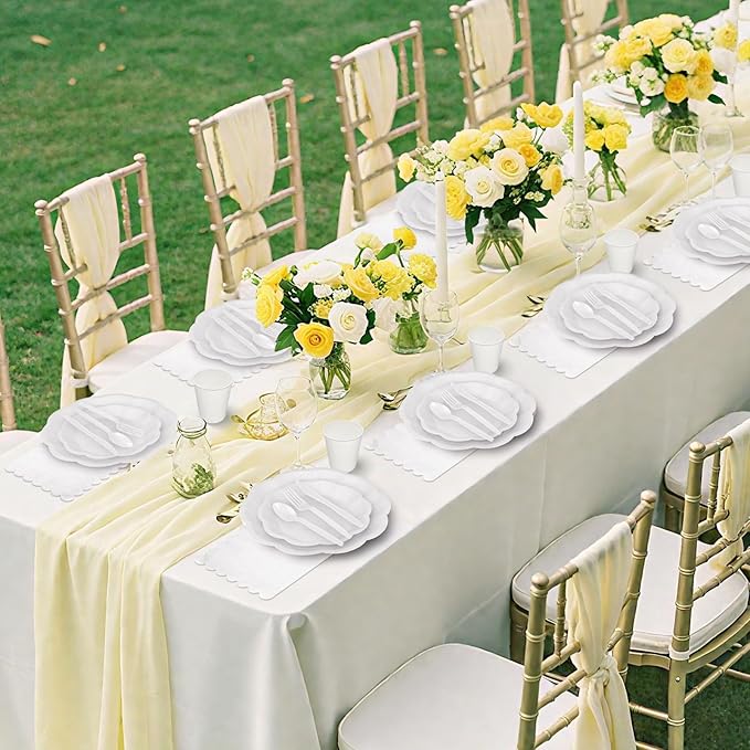 175 Pcs White Plates and Napkins Set, 25 Guest White Party Supplies Include Scalloped Plate Paper Napkin Cup Forks Knives Disposable Plastic Cutlery for Wedding Baby Shower Birthday Party