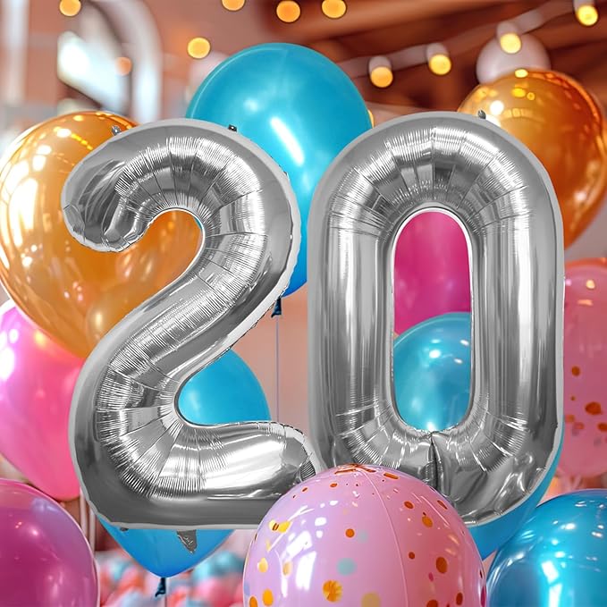 40 Inch Large Number Celebration and Decoration Balloon for Birthday Parties, Graduations, Anniversaries, Weddings, Photo Shoots, Special Events - Helium Foil Mylar (Silver Number 20)