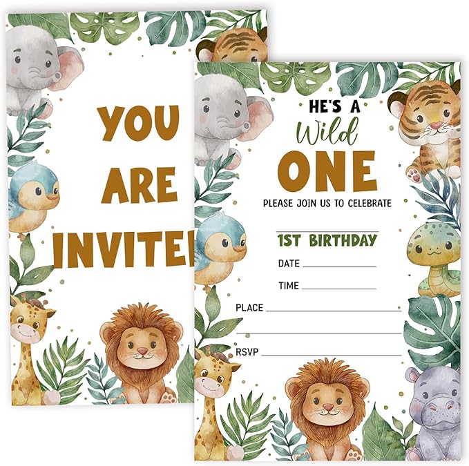 Jungle Animals Birthday Invitation Cards For Girls Boys kids, He's a Wild One Birthday Party Supplies Favors, 20 Fill-In Invitation Cards with Envelopes -05