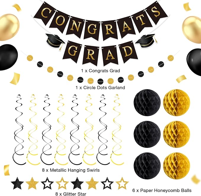 Black and Gold Congrats Grad Banner 2026 Graduation Decorations with Hanging Swirl Honeycomb Ball Circle Garland Grad Party Favor Supplies for College Senior High School Classroom Decor
