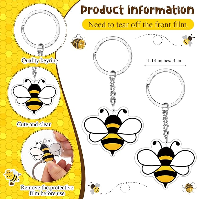 Highergo 100 Pcs Baby Shower Party Favors Bulk 50 Animal Keychains 50 Ballpoint Pens with Thank You Cards Gender Reveal Gift for Guest Baby Shower Souvenir Prize(Bee)