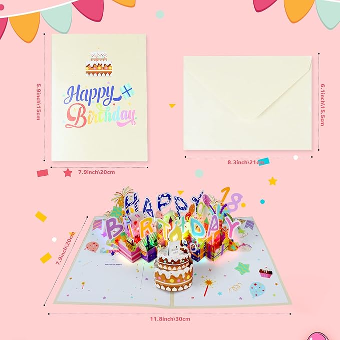 3D Musical Birthday Card, Blowable LED Light Candle, 3D Birthday Popup Cards with DIY 0-9 Numbers, Blow Out Led Light Candle, and Play Happy Birthday Music for Kids Men and Women