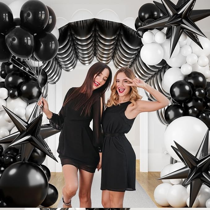 Black and White Checkered Square Foil Balloons Backdrop Wall, Double Sided Tunnel with Black White Balloon Arch Garland Kit for Checkerboard Racing Themed Celebration Graduation Party Decorations