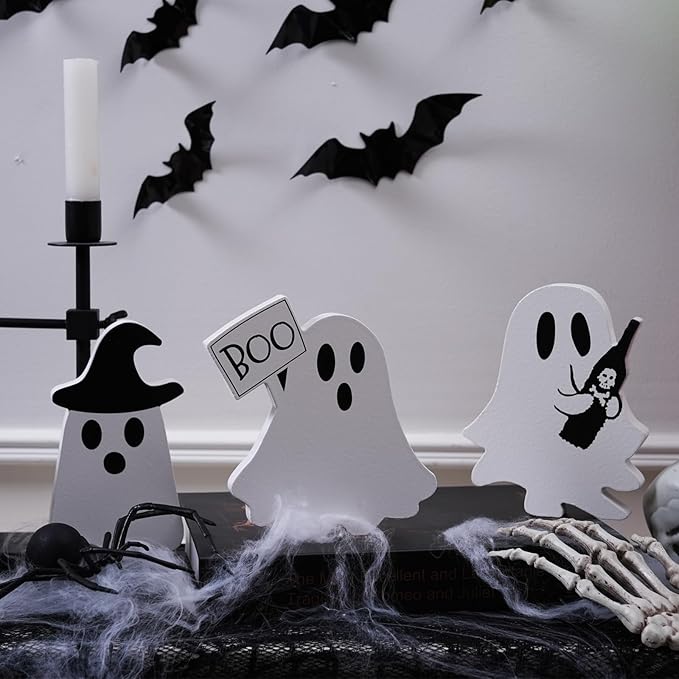 Halloween Decorations Indoor, Halloween Tiered Tray Decor Table Sign, Cute Ghost Decor Wooden Signs Ghost Blocks, Halloween Table Decorations Party Decorations for Mantle Home Shelf