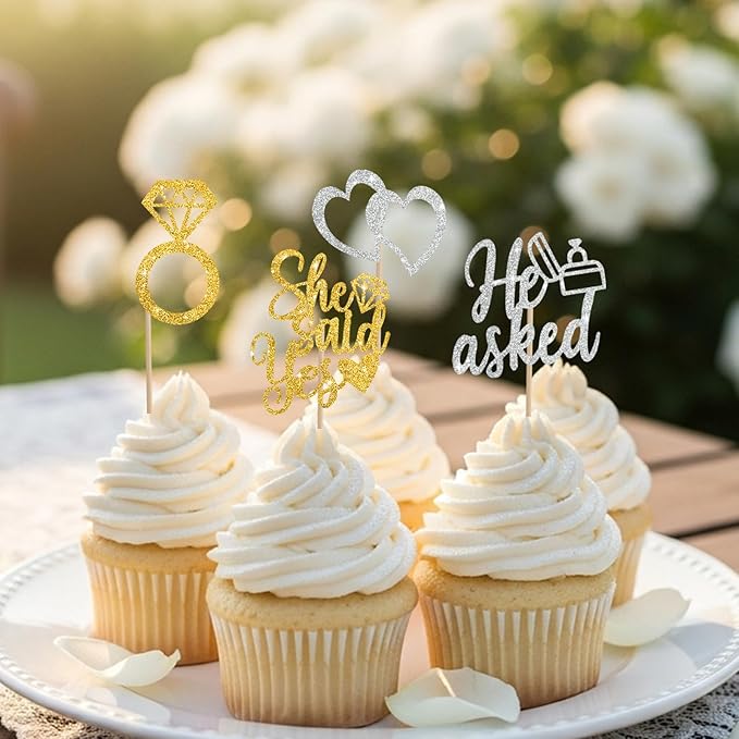 BEISHIDA He Asked She Said Yes Cupcake Toppers, 24 Pcs Engagement Cupcake Toppers Glitter Diamond Ring Heart Cupcake Picks for Wedding Engagement Bridal Shower Party Cake Decorations(Gold and Silver)