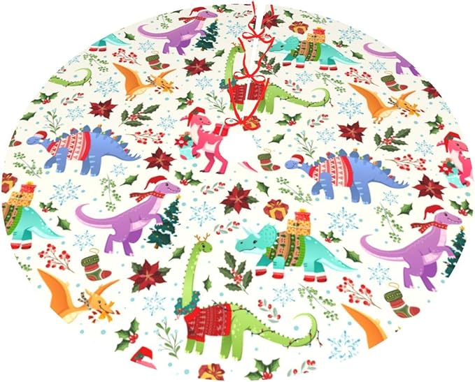 Cute Dinosaur Christmas Tree Skirt Xmas Tree Mat Halloween Christmas Tree Ornaments Decorations Holiday Party Indoor Outdoor 48"
