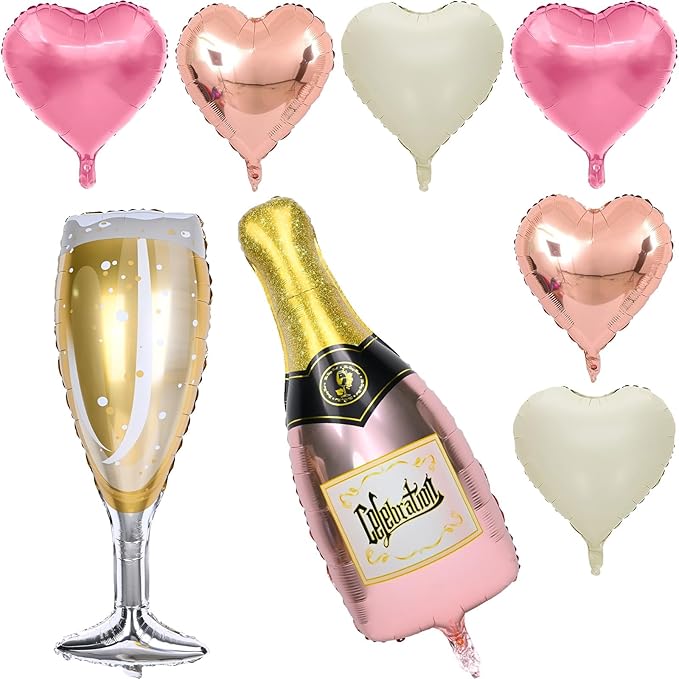 Champagne Balloons, Bachelorette Party Balloons with Champagne Bottle Glass Foil Balloon Rose Gold Pearl Pink Cream Heart Balloon for Engagement Birthday Bridal Shower Wedding Anniversary Decorations