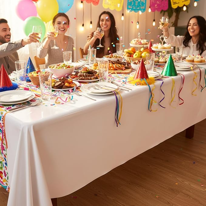 Oudain Fiesta Tablecloth 108 x 54 Inch Plastic Tablecover Mexican Waterproof Tablecloth Disposable Table Cover for Taco Night Festive Mexican Fiesta Wedding Party Decoration (White 2,6 Pcs)