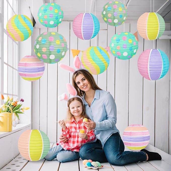 ADLKGG Pastel Paper Lanterns for Easter Party Decorations, 12pcs Macaron Colored Hanging Paper Lanterns for Classroom Baby Shower Wedding Birthday Party, Easy to Assemble Indoor Outdoor Yard Decor