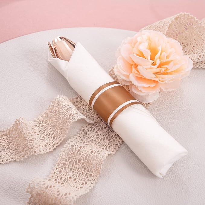 NOCCUR 350PCS Rose Gold Plastic Plates - Clear Rose Gold Disposable Dinnerware Set - Include 100 Dinner/Dessert Plates,50 Cups,50 Pre Rolled Napkins with Cutlery Set - Ideal for Party/Easter Day