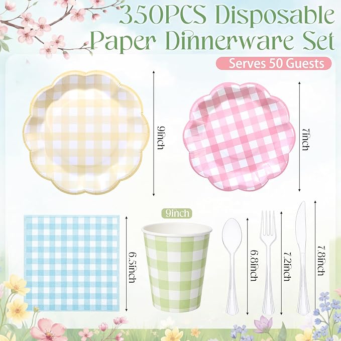50 Sets Easter Spring Pastel Gingham Disposable Tableware Pink Yellow Paper Plates Green Cups Blue Napkins Clear Knives Forks Spoons for Birthday Baby Shower Wedding Party Decoration
