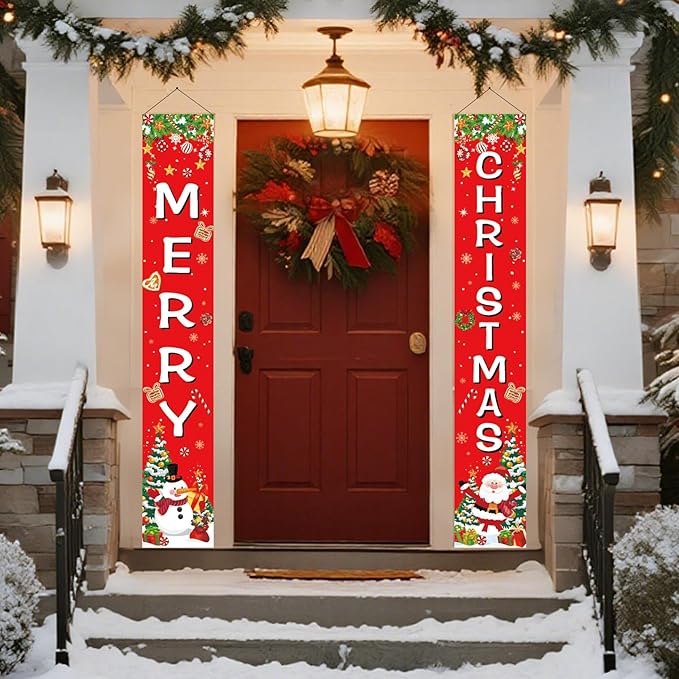 Merry Christmas Front Door Porch Banner, Christmas Sign Holiday Hanging Banner for Xmas Party Decorations, Indoor, Outdoor, Holiday Family Gathering, Winter Party Supplies