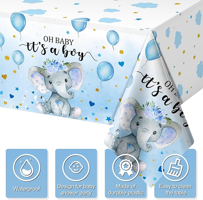 3 Pack Elephant Baby Shower Tablecloth Decorations, Elephant Baby Shower Decorations, Plastic Tablecloth Table Cover Backdrop for Baby Boy Girl Gender Reveal Party Supplies, 54 x 108 Inch, Blue