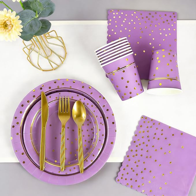 OuMuaMua Purple Gold Disposable Plates Party Supplies for 24 Guests, 168 Pcs Purple Plates, Cups and Napkins with Utensils Set for Birthday Baby Shower Graduation Lavender Party Decorations